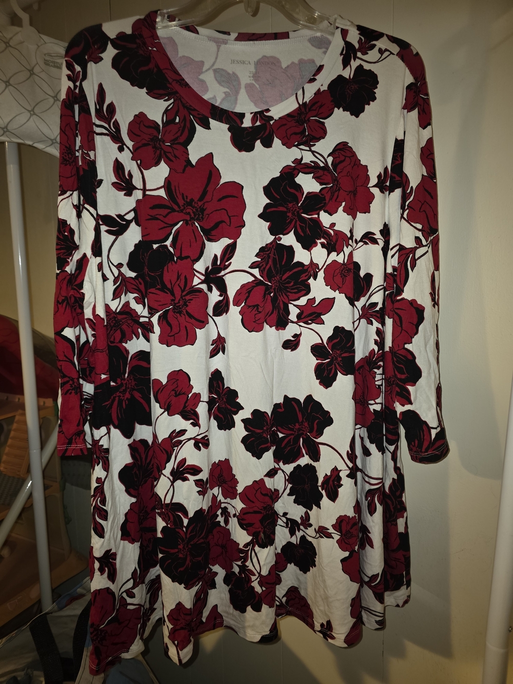 3x 22 24 White & Burgundy Floral Long-Sleeve Women's Top Shirt